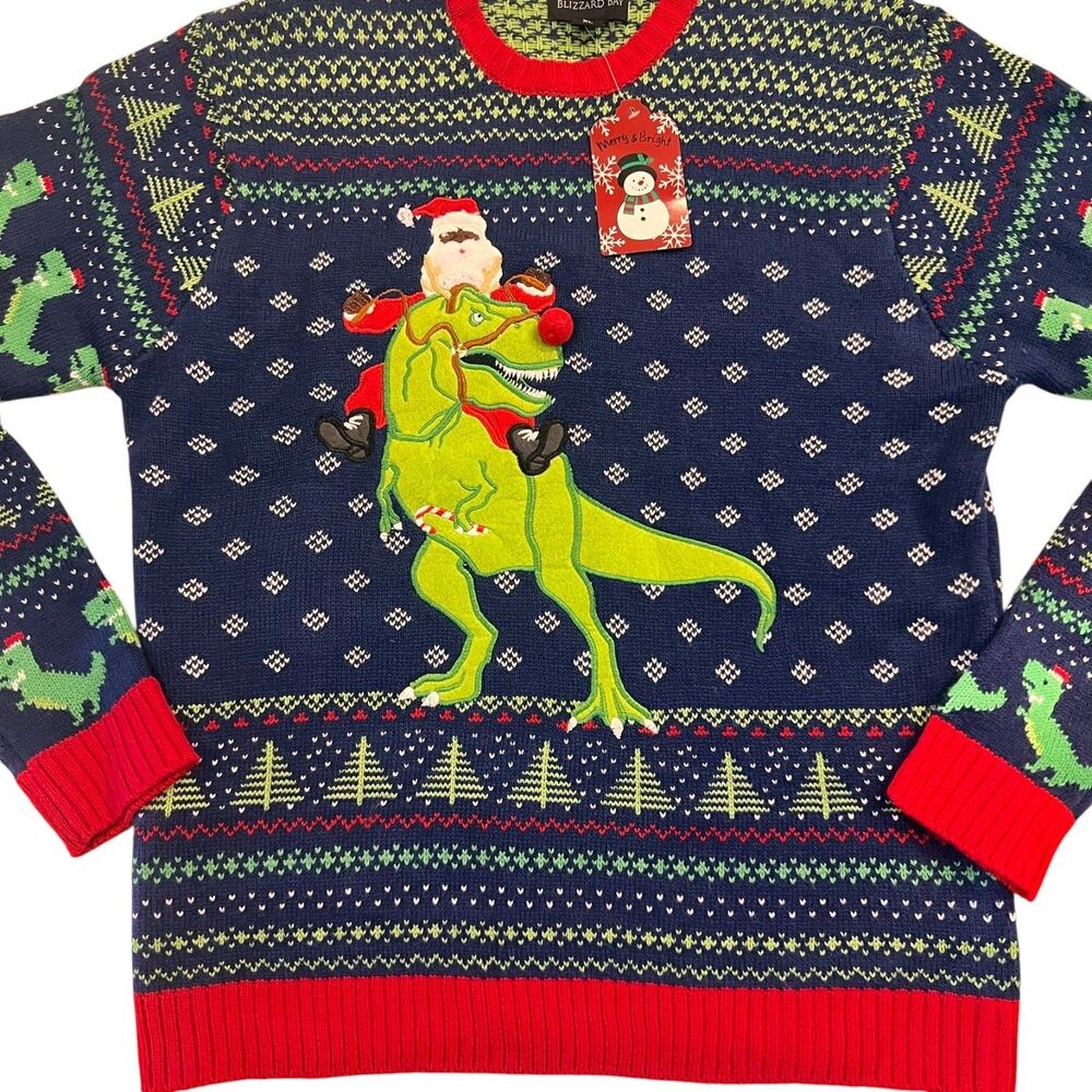 Blizzard Bay Men’s XL Ugly Christmas Sweater Black Santa Riding Dinosaur T-Rex